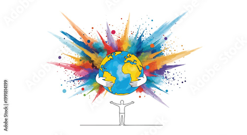 Vibrant, colorful globe illustration, exploding paint, vector earth