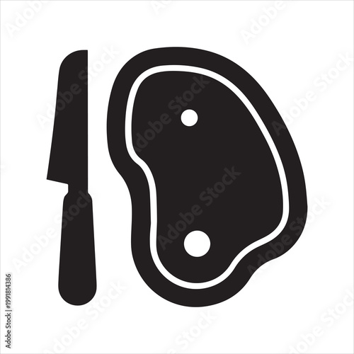 Stylized black and white drawing of a raw steak with cutting knife