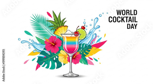 Vibrant tropical cocktail illustration with exotic fruits and leaves celebrating world cocktail day with splashes and lush greenery
