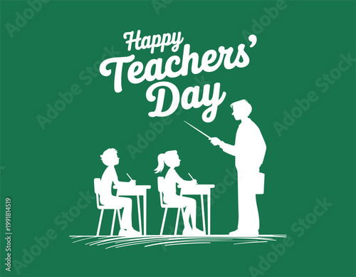 Happy Teacher’s Day classroom illustration with teacher and students silhouette educational theme