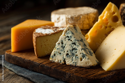 Cheese board showing different types of cheese for a snack or party in a cozy bar setting at night with beer nearby
