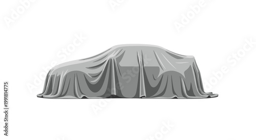A sleek modern sedan is completely concealed under a heavy gray fabric sheet that drapes gracefully over the vehicle silhouette on a white background.