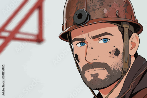 Miner with blue eyes looks at camera while wearing helmet and dirt on his face in a work setting indoors