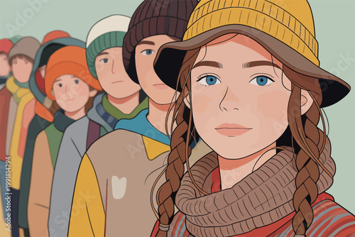 Children standing in line wearing colorful hats and scarves in a setting that looks like a winter day