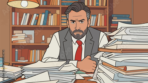 Man sits at desk with piles of paperwork in a cluttered office looking focused on a task during working hours