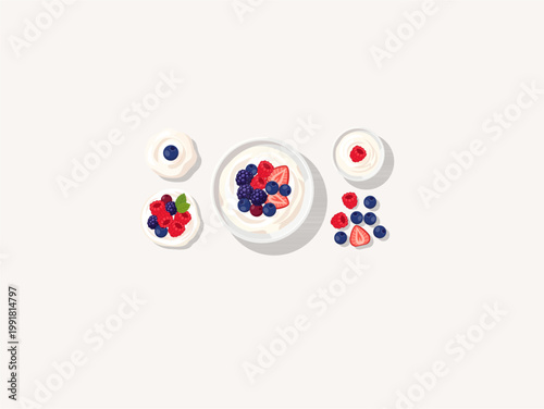 Set of various berry yogurt bowls and swirls illustration for healthy breakfast concepts