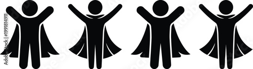 Four stylized figures with capes and arms raised in celebration or triumph