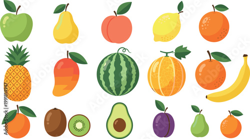 PrintMinColColorful Assorted Fruits Vector Icon Set Featuring Apple, Pear, Peach, Lemon, Orange, Pineapple, Watermelon, Banana, Kiwi and Avocado Flat Illustrationsorful Fresh Fruits Vector.
