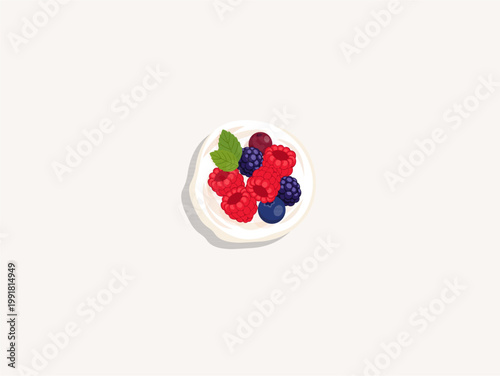 Top view illustration of creamy yogurt swirl topped with raspberries, blueberries and mint leaves
