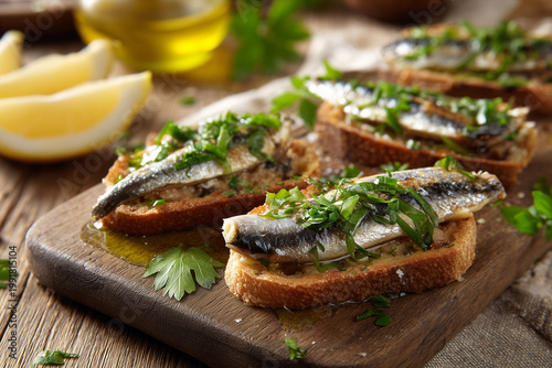 Delicious snacks on toast topped with herbs and olive oil served on a wooden board for game day gatherings