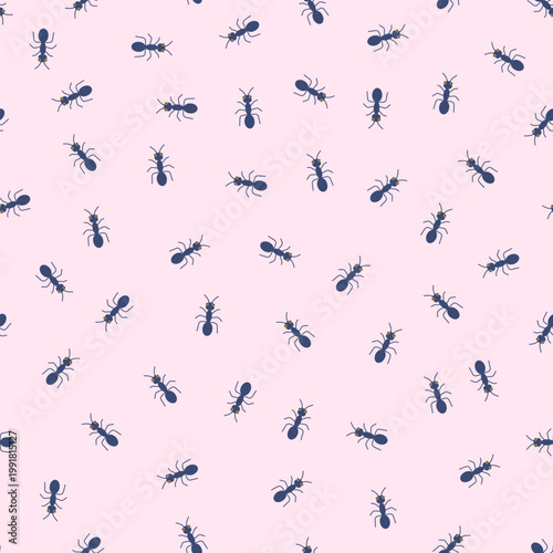 Cute ant insect seamless pattern. Flat cartoon ant colony on pink pastel background. Minimal nursery kids doodle print. Colorful forest creatures for funny summer design.