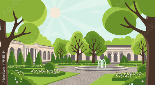 A serene garden with a classical building, manicured trees, and a fountain