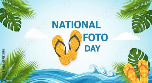 Yellow flip flops floating on a tropical beach with waves surrounded by green palm leaves and monstera foliage for national foto day