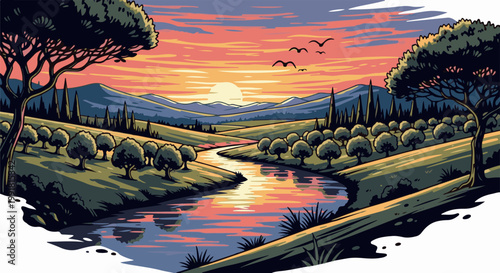A serene pixelated landscape depicts a winding river reflecting a vibrant sunset with rolling hills and scattered trees