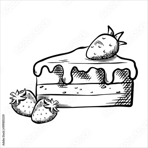 Composition with vector sweets, cake with berries. Cake, berries, strawberries, blackberries for menus, decor, elements