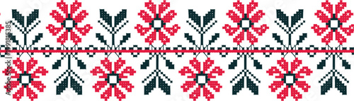 Traditional folk embroidery border with red floral motifs and geometric cross stitch pattern