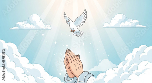 Hands in prayer gesture with a white dove flying above against a bright sky with soft clouds symbolizing hope and spirituality