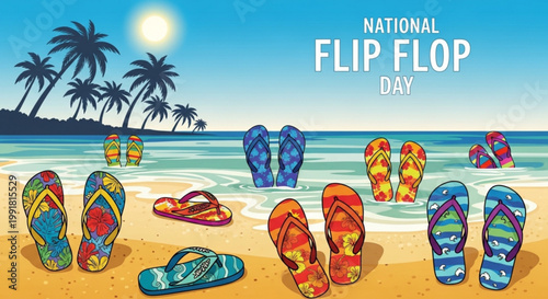 Colorful flip flops scattered on a sunny tropical beach with palm trees and blue ocean waves celebrating national flip flop day
