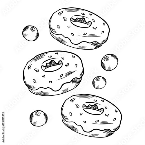 Composition with vector sweets, donut with berries. Donuts, sweets, pastries for menus, decor, elements