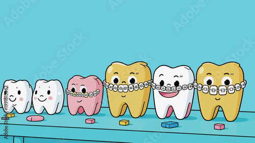 Many cartoon teeth with braces stand in a row on a table with colorful blocks in a bright setting for a fun dental theme