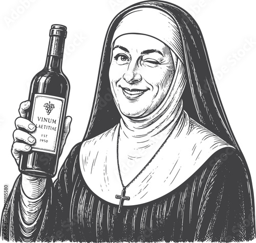 Vintage nun holding wine bottle illustration, retro religious character line art, monastery lifestyle concept, antique engraving style artwork