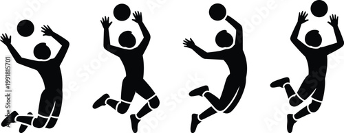 Volleyball players demonstrating various jumping techniques for ball control