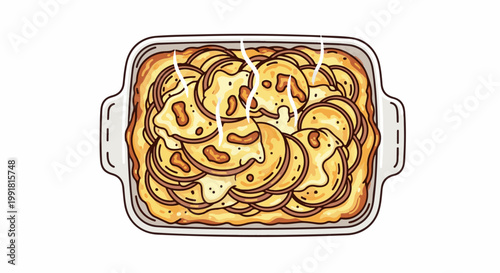 A steaming casserole dish filled with layered, golden-brown potato slices, ready to serve