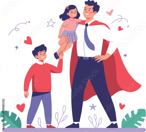 Professional colorful illustration of a father wearing a superhero cape holding his young daughter with his son standing nearby for Happy Father's Day holiday greeting card vector
