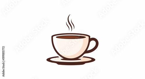 A steaming cup of brown coffee rests on a saucer, with a simple illustration