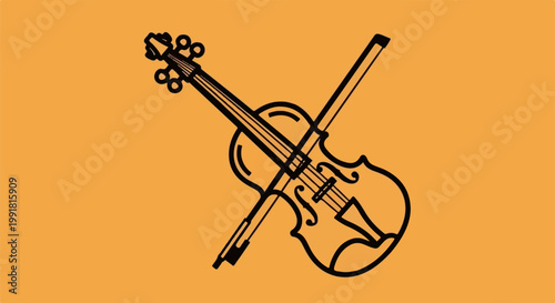 A stylized, black outline of a violin and bow on a solid orange background
