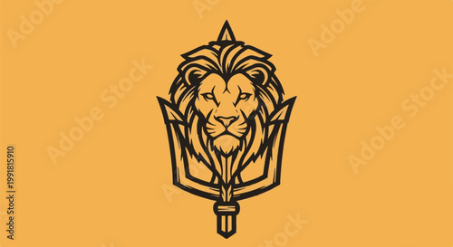 A stylized black lion's head with a regal mane and a trident-like emblem