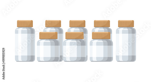 A collection of pristine white plastic medicine bottles with light brown wooden textured caps is meticulously arranged in two rows on a white background.