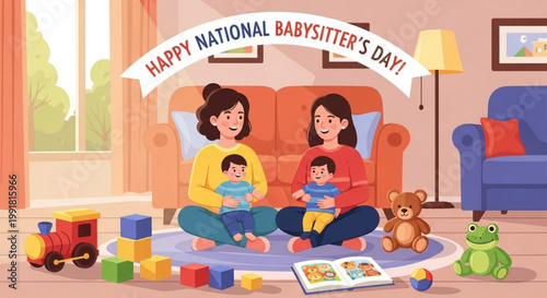 Happy same sex couple celebrating babysitter's day with two smiling children in a cozy living room with toys scattered around
