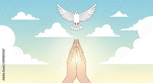 Illustration of praying hands reaching toward a white dove flying against a serene sky with soft clouds
