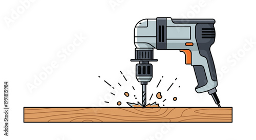 A sleek gray power drill with vibrant orange accents is shown drilling into a wooden board creating stylized wood chips against a white background.