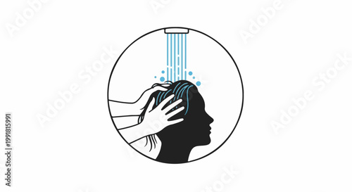 A silhouette of a person's head is shown with hands washing their hair under a shower stream
