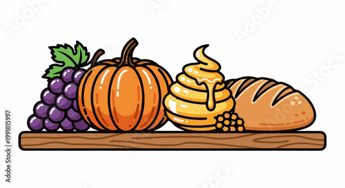 A still life of a pumpkin, grapes, honey, and bread on a wooden shelf