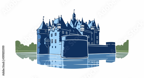 A stylized blue castle with multiple towers stands reflected in calm waters, surrounded by green foliage