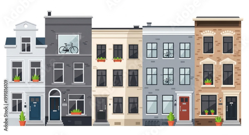 Row of diverse residential townhouses with different architectural styles.