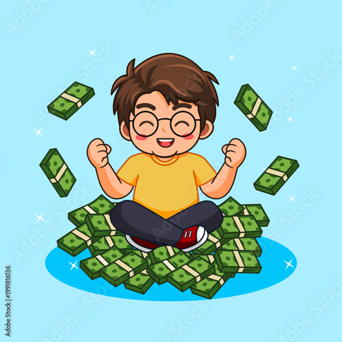 Rich Boy Sitting in Pile of Money Vector Illustration Cartoon Design