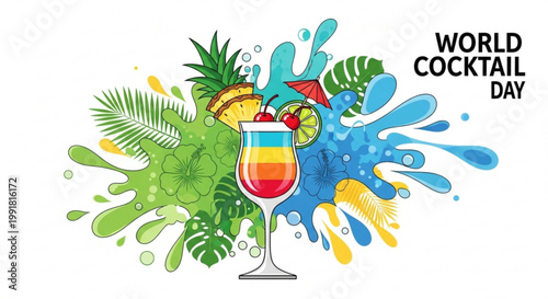 Colorful tropical cocktail glass with fruit garnish and splash design celebrating world cocktail day with vibrant green blue and yellow accents