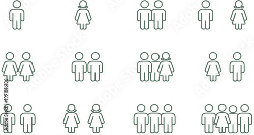 Professional set of thin green line icons showing diverse family members and user groups for web interface design vector