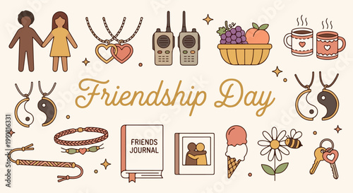 Friendship Day vector icon set with best friend symbols friendship bracelets walkie-talkies yin yang necklaces and journal flat illustration