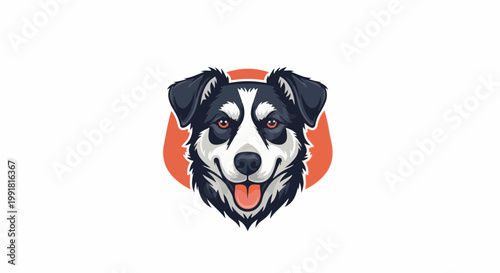 A stylized close-up illustration of a happy dog's face with black, white, and grey fur and orange eyes
