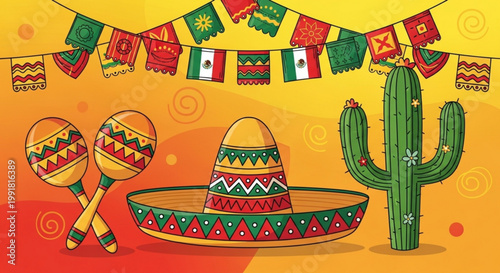 Colorful fiesta illustration featuring sombrero maracas cactus and vibrant mexican flag banners on a festive orange background