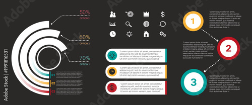 Set of business infographic elements. Presentation elements: ring chart, icons, text blocks, steps diagram. Сollection of charts and icons for websites and presentations.