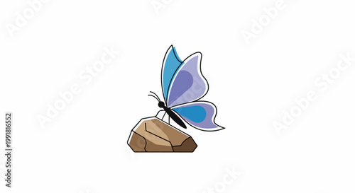 A stylized cartoon butterfly with blue and purple wings rests on a brown rock