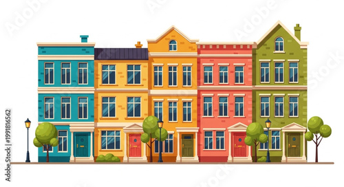 Colorful row of traditional European townhouses with windows and doors.