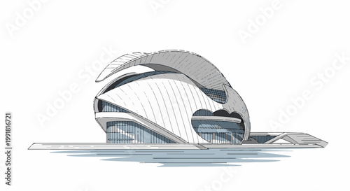 A striking, futuristic white building with flowing curves and glass windows, reflecting in water