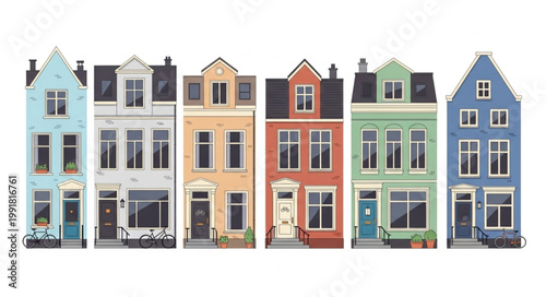 Row of colorful narrow Dutch houses with different facades.